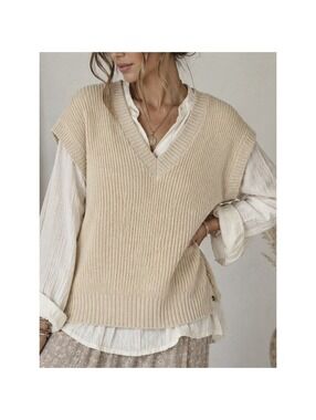 Roxy Oversized Sleeveless Knit Vest V-Neck Cream Acrylic Sweater Size Small Boho